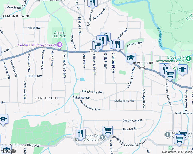 map of restaurants, bars, coffee shops, grocery stores, and more near 665 South Eugenia Place Northwest in Atlanta