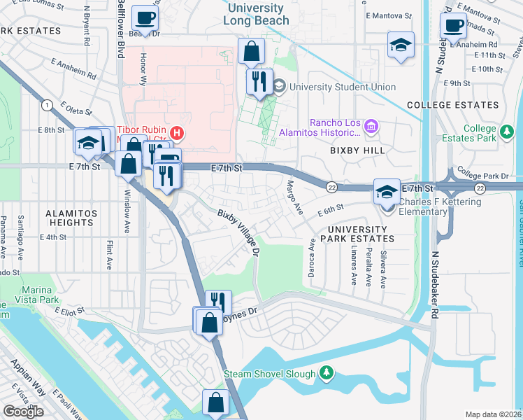 map of restaurants, bars, coffee shops, grocery stores, and more near in Long Beach