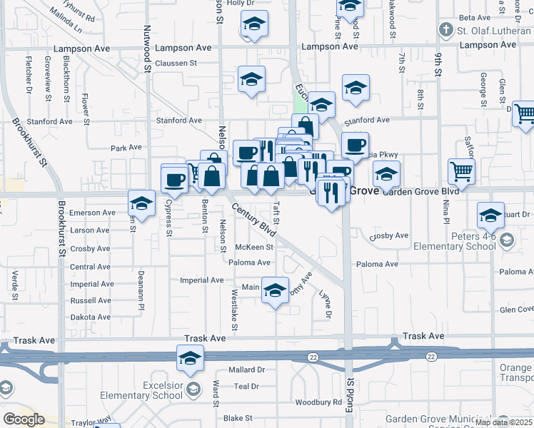 map of restaurants, bars, coffee shops, grocery stores, and more near 13084 Mendocino Lane in Garden Grove