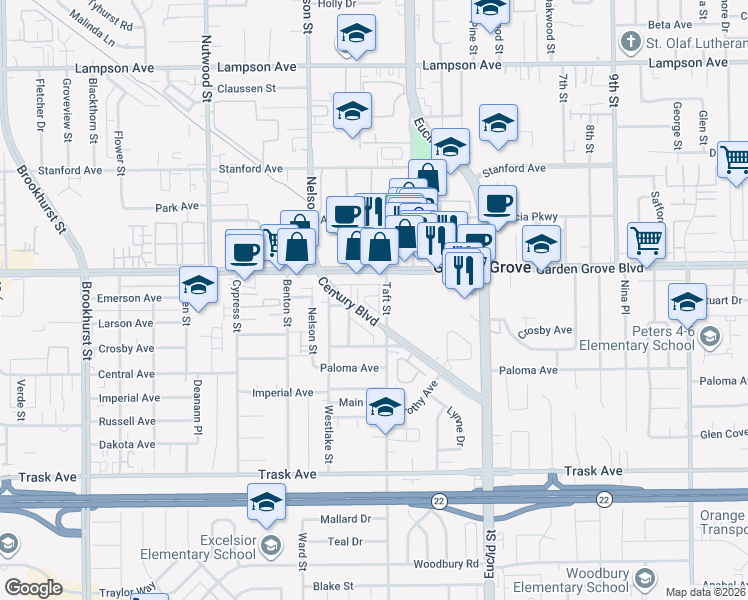 map of restaurants, bars, coffee shops, grocery stores, and more near in Garden Grove