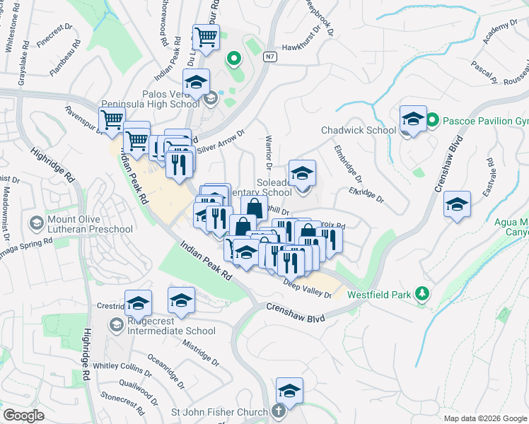 map of restaurants, bars, coffee shops, grocery stores, and more near 27721 Longhill Drive in Rancho Palos Verdes