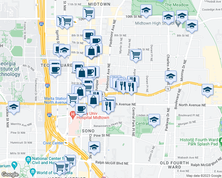 map of restaurants, bars, coffee shops, grocery stores, and more near in Atlanta