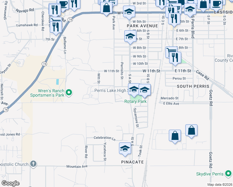 map of restaurants, bars, coffee shops, grocery stores, and more near 495 West 13th Street in Perris