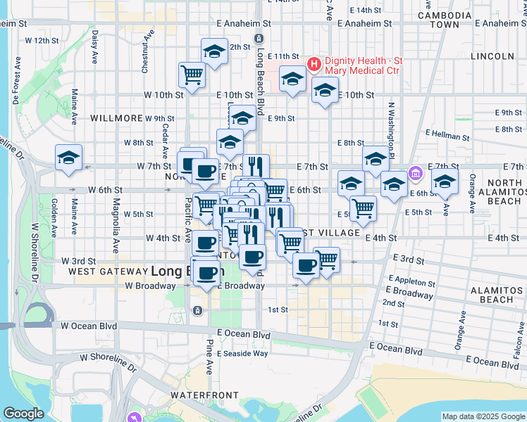 map of restaurants, bars, coffee shops, grocery stores, and more near in Long Beach