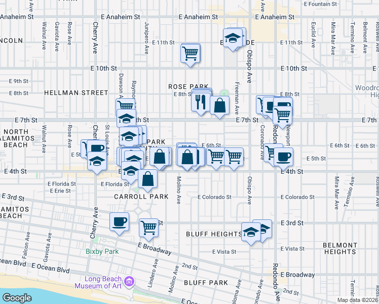 map of restaurants, bars, coffee shops, grocery stores, and more near 444 Ohio Avenue in Long Beach