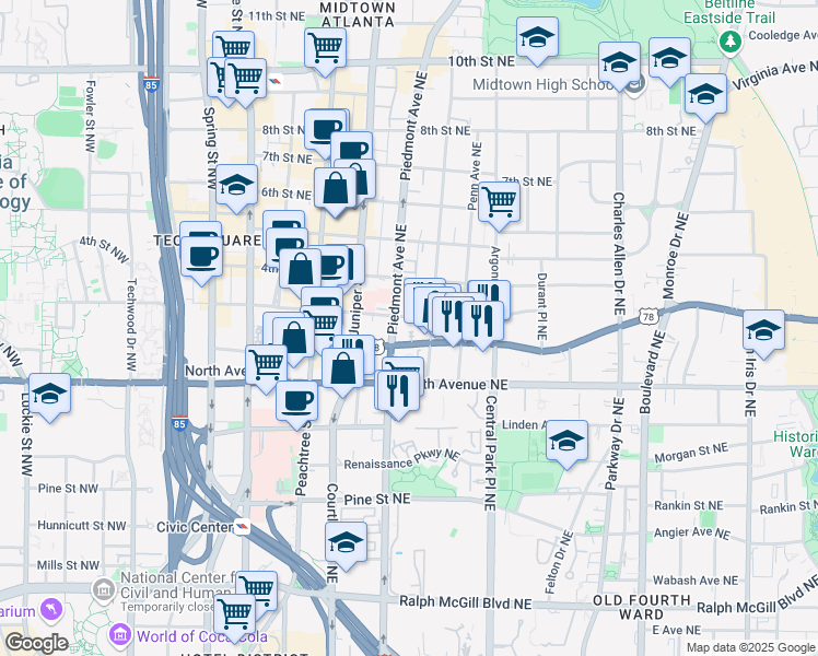map of restaurants, bars, coffee shops, grocery stores, and more near 198 Ponce De Leon Avenue Northeast in Atlanta