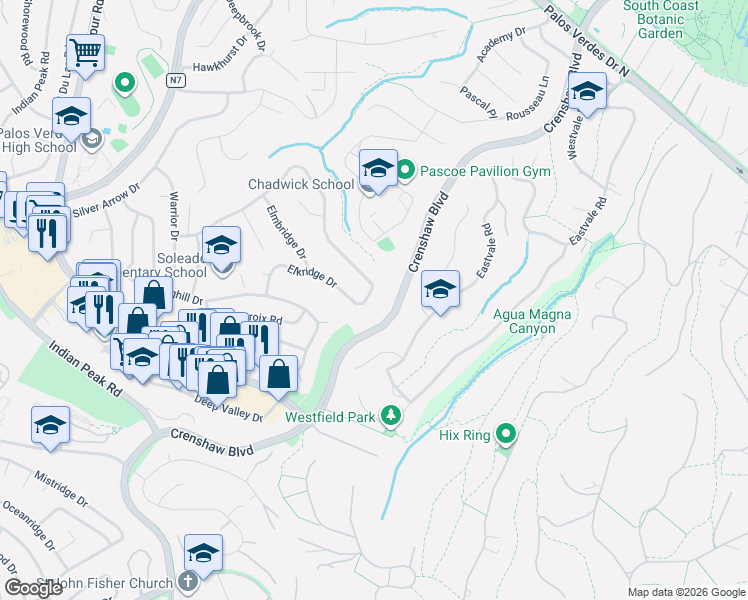 map of restaurants, bars, coffee shops, grocery stores, and more near 4718 Elkridge Drive in Rancho Palos Verdes