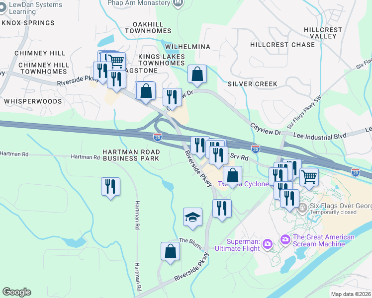 map of restaurants, bars, coffee shops, grocery stores, and more near 185 South Service Road in Austell