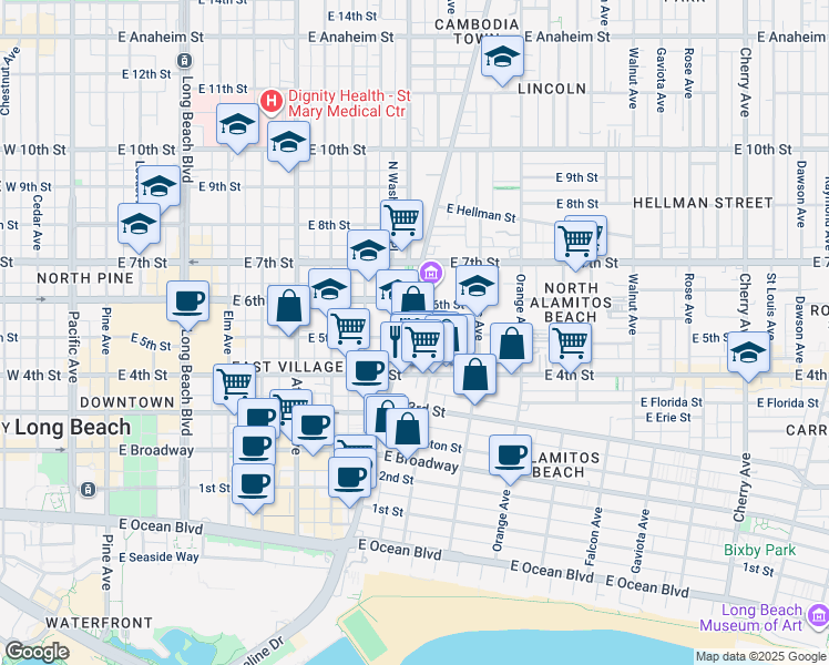 map of restaurants, bars, coffee shops, grocery stores, and more near 911 East 5th Street in Long Beach