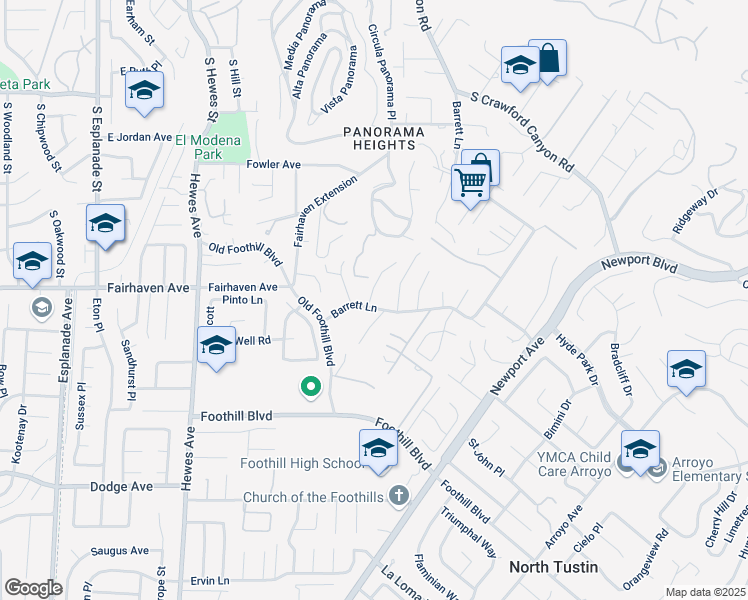 map of restaurants, bars, coffee shops, grocery stores, and more near 19182 Barrett Lane in Santa Ana