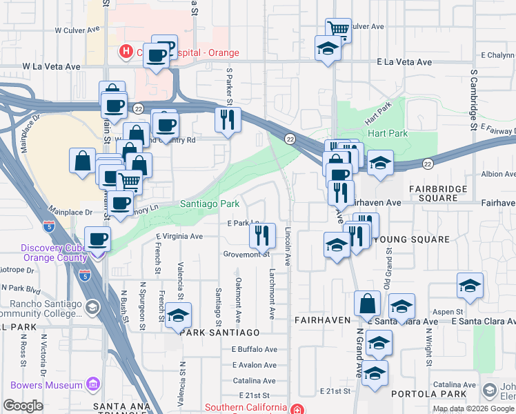map of restaurants, bars, coffee shops, grocery stores, and more near 907 East Park Lane in Santa Ana