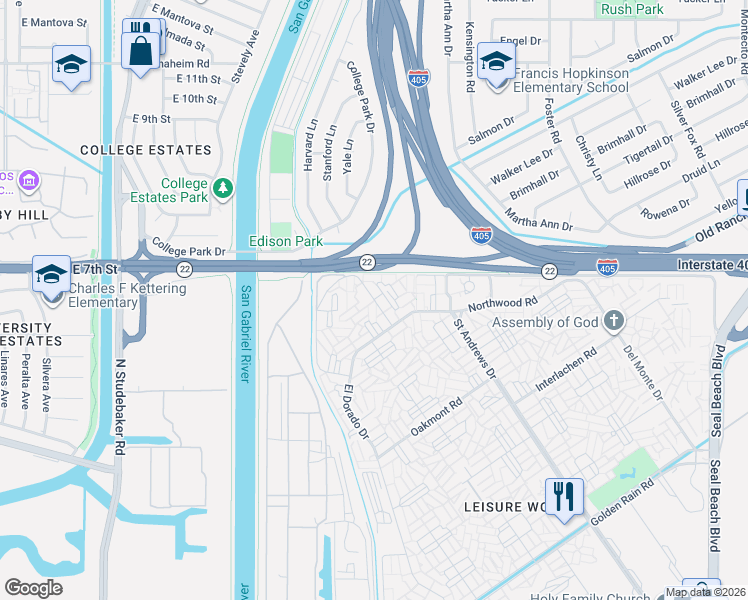 map of restaurants, bars, coffee shops, grocery stores, and more near 13121 Oak Hills Drive in Seal Beach