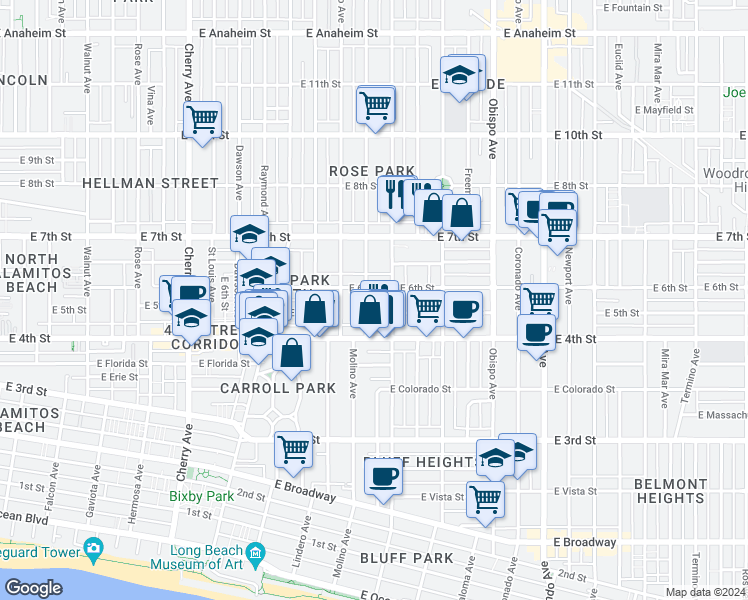 map of restaurants, bars, coffee shops, grocery stores, and more near 444 Ohio Avenue in Long Beach