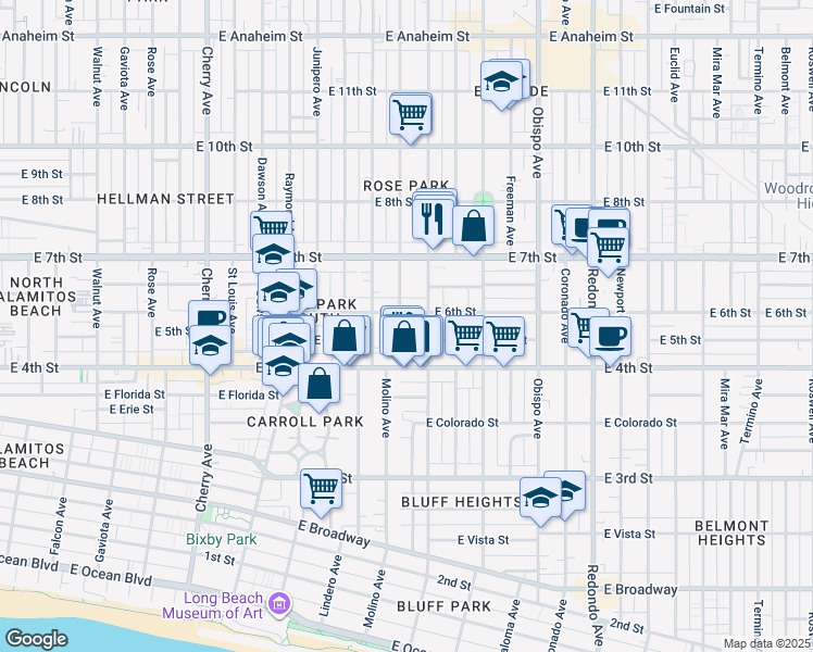 map of restaurants, bars, coffee shops, grocery stores, and more near 520 Ohio Avenue in Long Beach