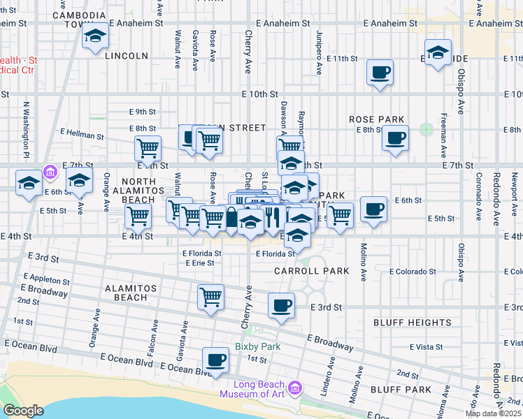 map of restaurants, bars, coffee shops, grocery stores, and more near in Long Beach