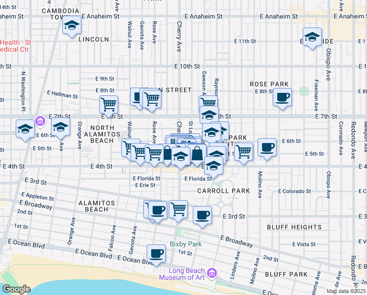 map of restaurants, bars, coffee shops, grocery stores, and more near in Long Beach