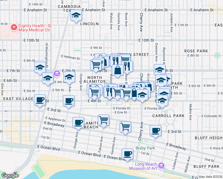 map of restaurants, bars, coffee shops, grocery stores, and more near 453 Gaviota Avenue in Long Beach