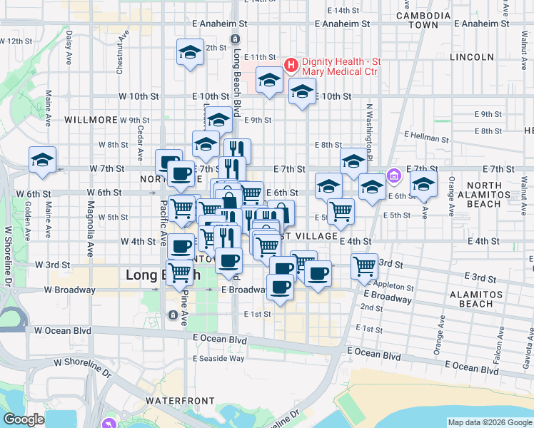 map of restaurants, bars, coffee shops, grocery stores, and more near 395 East 4th Street in Long Beach