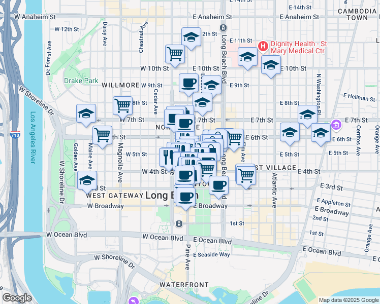 map of restaurants, bars, coffee shops, grocery stores, and more near 433 Pine Avenue in Long Beach