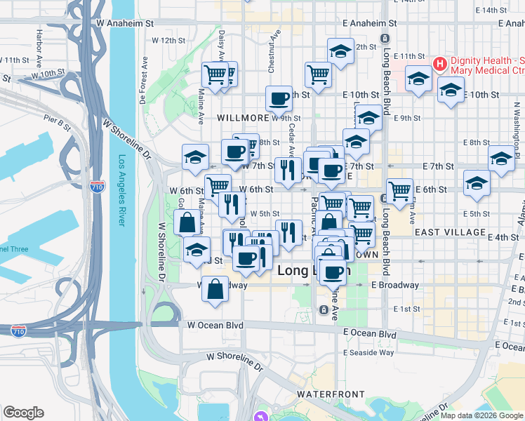 map of restaurants, bars, coffee shops, grocery stores, and more near 445 Chestnut Avenue in Long Beach
