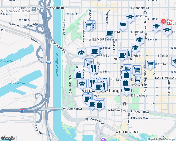 map of restaurants, bars, coffee shops, grocery stores, and more near 437 North Nylic Court in Long Beach