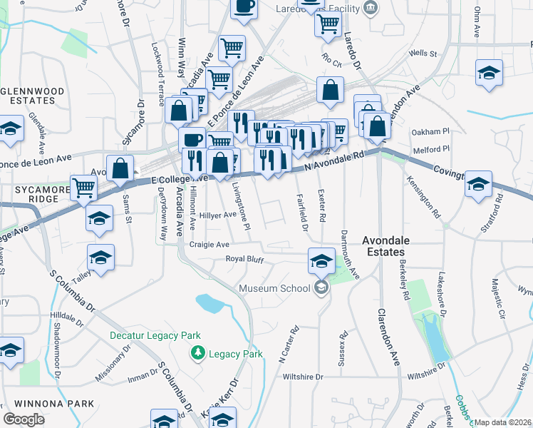 map of restaurants, bars, coffee shops, grocery stores, and more near 845 Twin Oaks Drive in Decatur