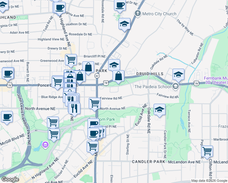 map of restaurants, bars, coffee shops, grocery stores, and more near 1245 South Ponce De Leon Avenue Northeast in Atlanta