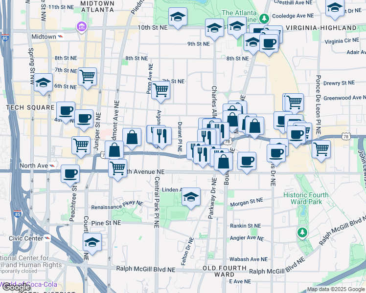 map of restaurants, bars, coffee shops, grocery stores, and more near 368 U.S. 29 in Atlanta