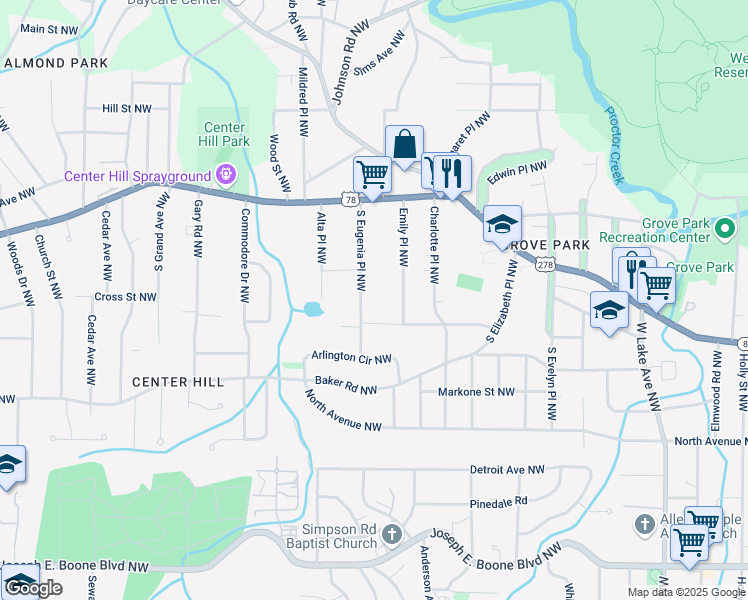 map of restaurants, bars, coffee shops, grocery stores, and more near 665 South Eugenia Place Northwest in Atlanta