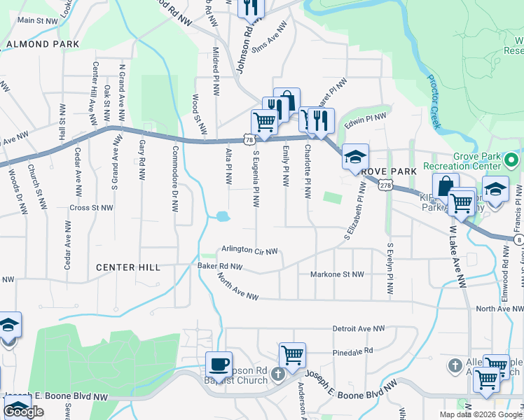 map of restaurants, bars, coffee shops, grocery stores, and more near 1975 Maywood Place Northwest in Atlanta