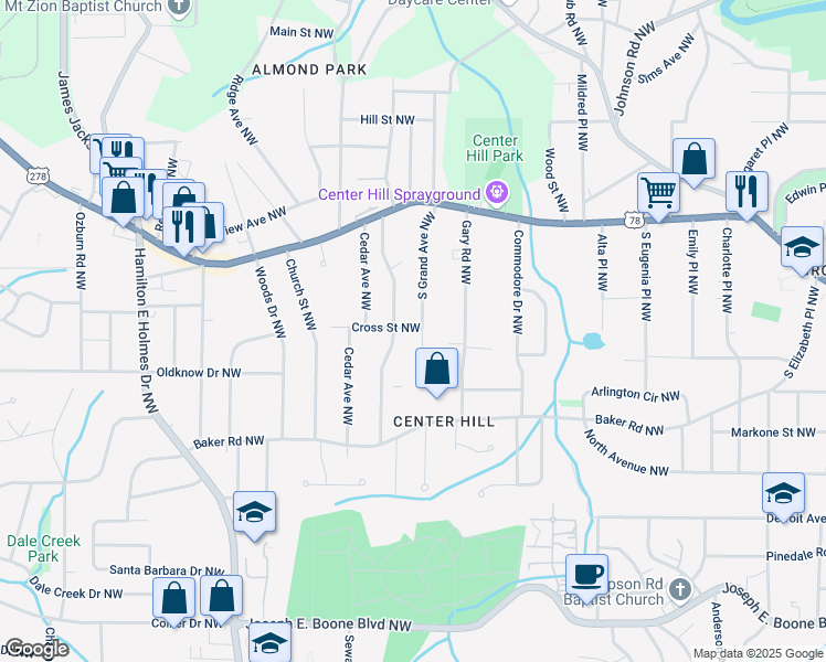 map of restaurants, bars, coffee shops, grocery stores, and more near 662 South Grand Avenue Northwest in Atlanta
