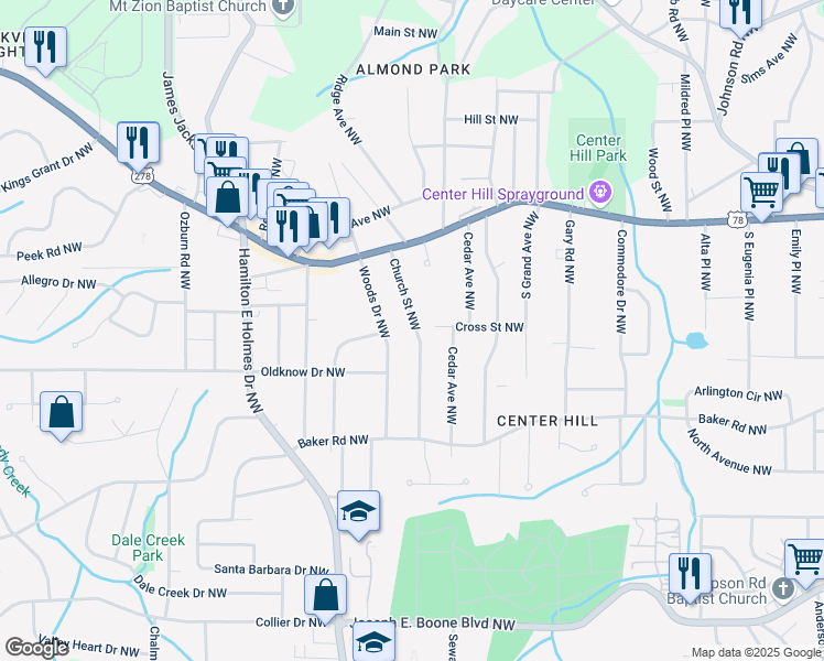 map of restaurants, bars, coffee shops, grocery stores, and more near 637 Church Street Northwest in Atlanta