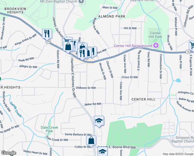 map of restaurants, bars, coffee shops, grocery stores, and more near 2523 Hood Avenue Northwest in Atlanta