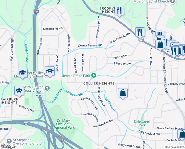 map of restaurants, bars, coffee shops, grocery stores, and more near 3042 West Peek Road Northwest in Atlanta