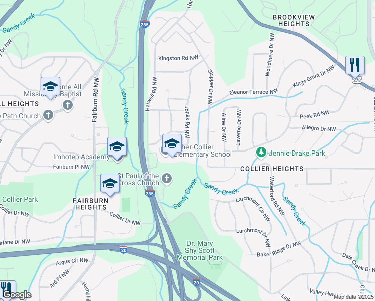 map of restaurants, bars, coffee shops, grocery stores, and more near 631 Harwell Road Northwest in Atlanta