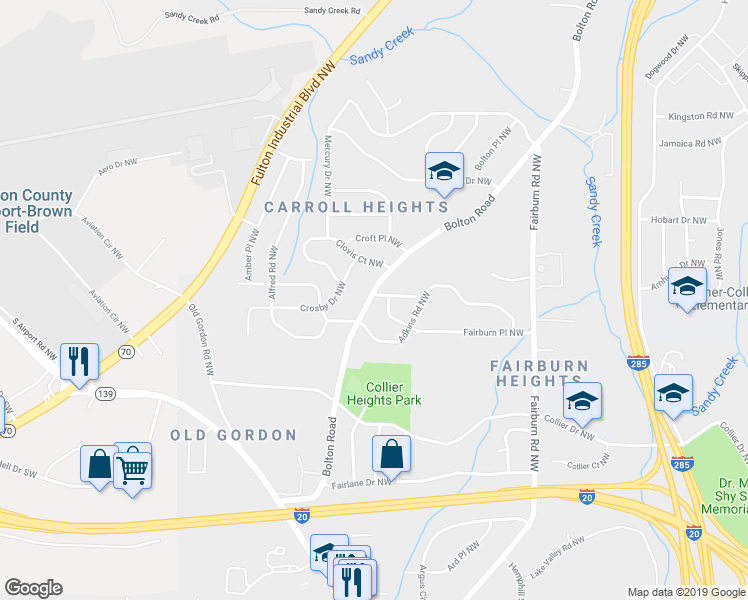 map of restaurants, bars, coffee shops, grocery stores, and more near 675 Bolton Road Northwest in Atlanta
