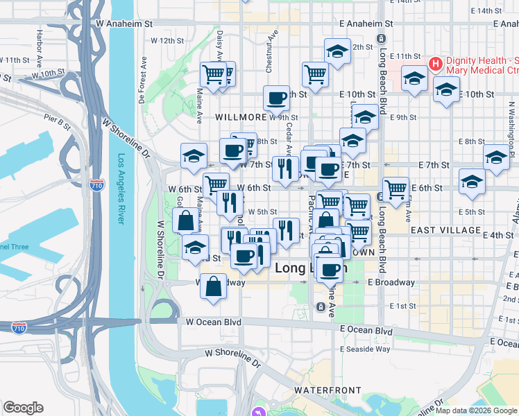 map of restaurants, bars, coffee shops, grocery stores, and more near 445 Chestnut Avenue in Long Beach