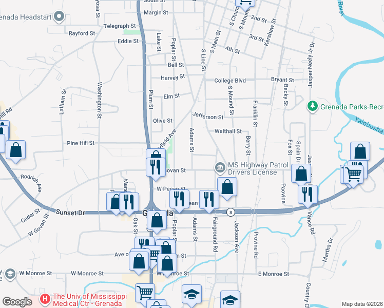 map of restaurants, bars, coffee shops, grocery stores, and more near 1108 Adams St in Grenada