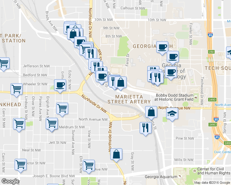 map of restaurants, bars, coffee shops, grocery stores, and more near 764 Marietta St NW in Atlanta