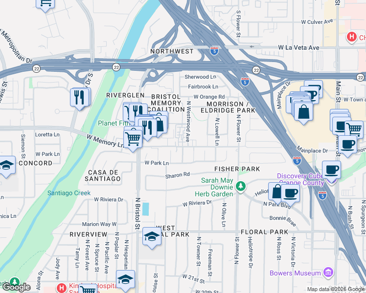 map of restaurants, bars, coffee shops, grocery stores, and more near 2611 North Westwood Avenue in Santa Ana