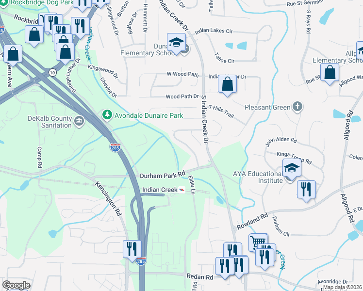 map of restaurants, bars, coffee shops, grocery stores, and more near 3932 Durham Park Road in Stone Mountain