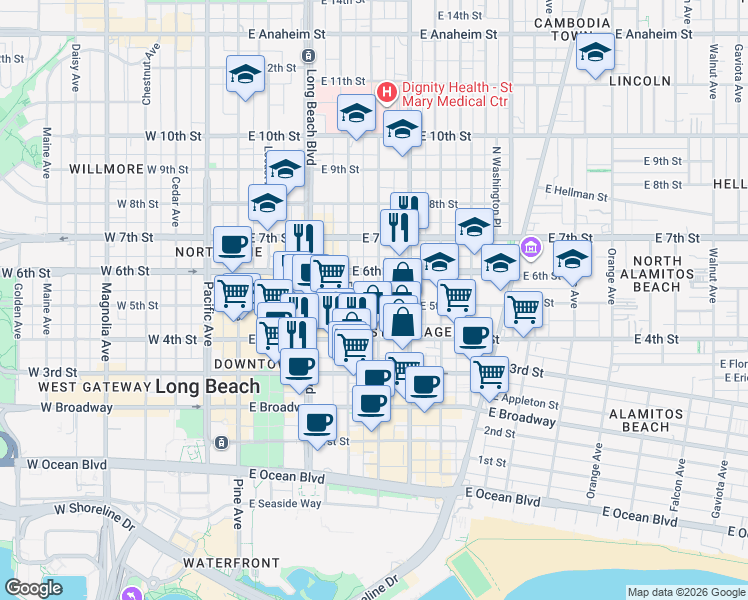 map of restaurants, bars, coffee shops, grocery stores, and more near 441 East 5th Street in Long Beach
