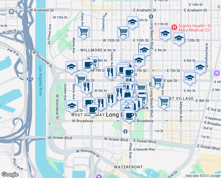 map of restaurants, bars, coffee shops, grocery stores, and more near 505 Cedar Avenue in Long Beach