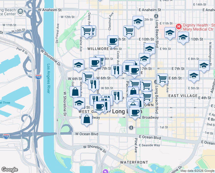 map of restaurants, bars, coffee shops, grocery stores, and more near 401 West 5th Street in Long Beach