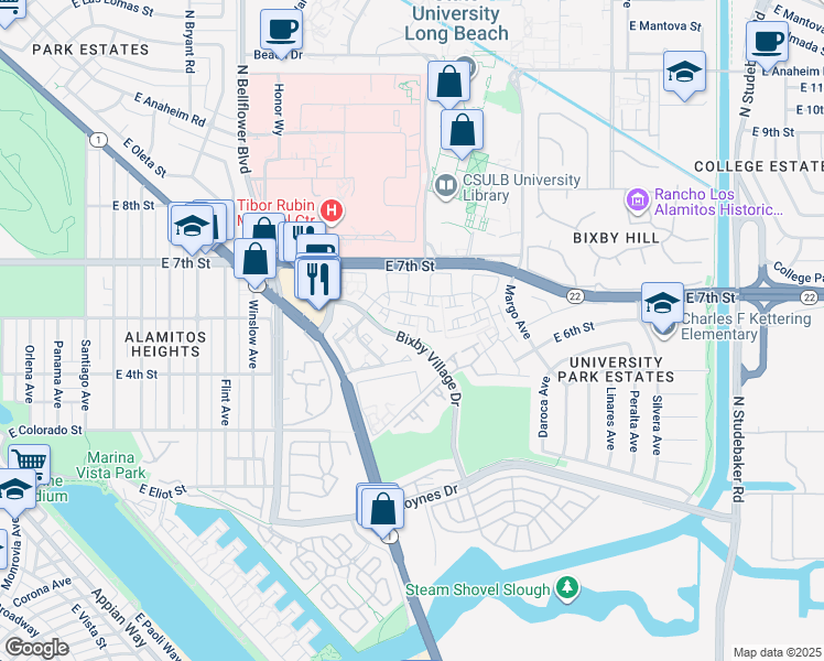 map of restaurants, bars, coffee shops, grocery stores, and more near 480 Medford Court in Long Beach