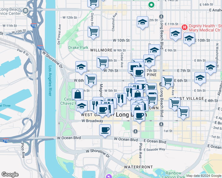map of restaurants, bars, coffee shops, grocery stores, and more near 401 West 5th Street in Long Beach