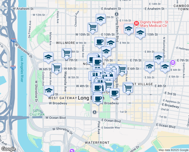 map of restaurants, bars, coffee shops, grocery stores, and more near 127 West 5th Street in Long Beach