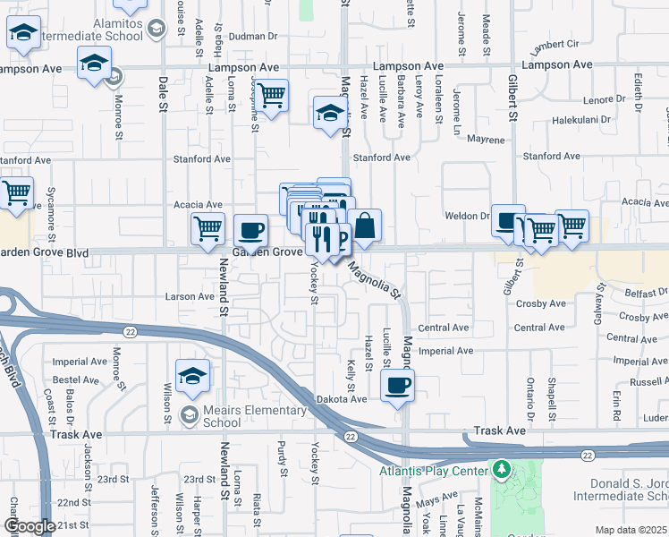 map of restaurants, bars, coffee shops, grocery stores, and more near 13082 Yockey Street in Garden Grove