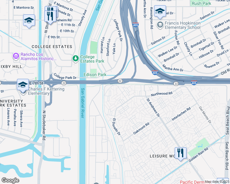 map of restaurants, bars, coffee shops, grocery stores, and more near 13021 Oak Hills Drive in Seal Beach