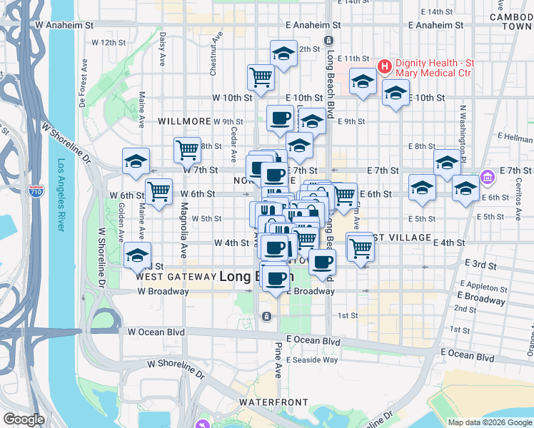 map of restaurants, bars, coffee shops, grocery stores, and more near 433 Pine Avenue in Long Beach